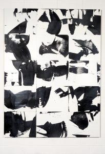 Schwarz-weißes Gemälde von Rolf Abendroth. Mit Rakel gearbeitet. Es lädt die Phantasie ein zum Reflektieren.
