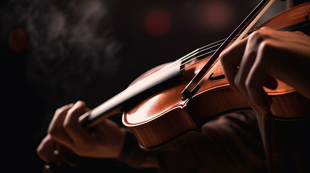 a person playing a violin in a dark room with smoke coming out Ein bunte Schar von Schauspielern in Kostümen, die an die Manschaft der Enterprise erinnern.