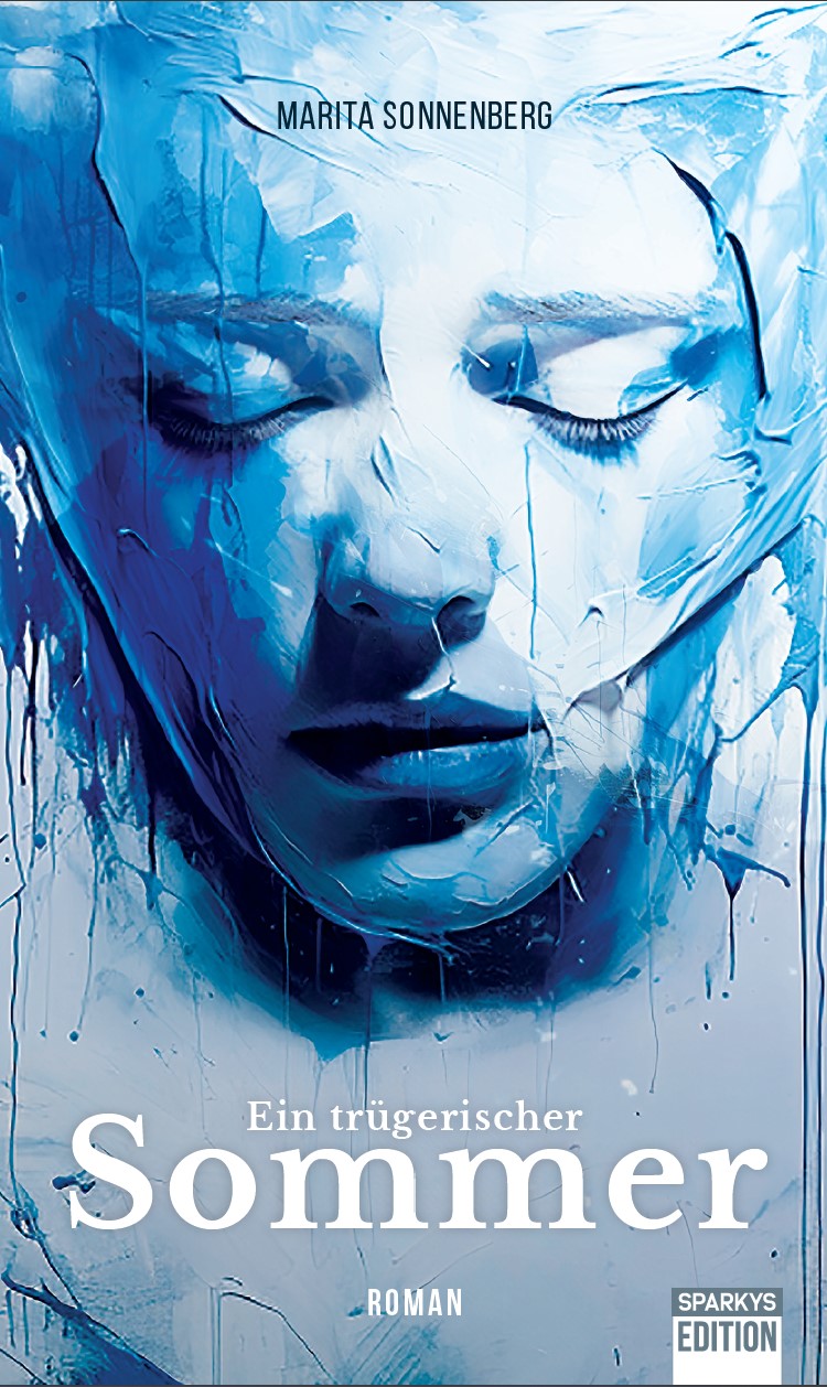 truegerischer Sommer_web Titel des Buches: Eintrügerisscher sommer. Eine Maske in blaua kommt reliefartig aus gleichfarbigen Hintergrund.