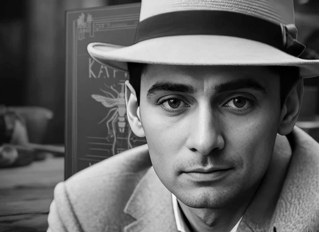 Franz Kafka was a German-speaking Bohemian writer, he is considered one of the greatest figures of twentieth century literature Auf orangenem Hintergrund steht grauer Text: Platzhalter für Foto