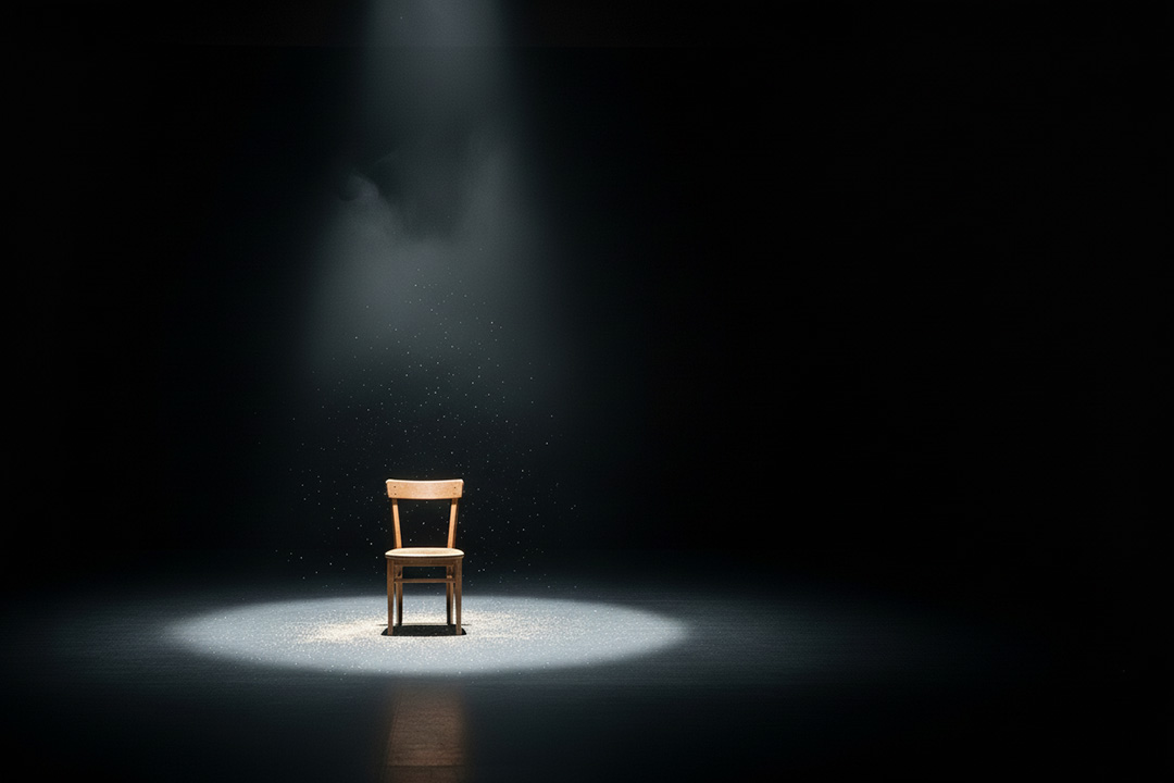 Holzstuhl auf schwarzer Bühne im Scheinwerferkegel KI-generiertes Bild, das die Stille vor der Kreativität symbolisiert: Ein leerer Holzstuhl auf schwarzer Bühne im Sscheinwerferkegel des TheaterLabor, bereit für neue Impulse durch unsere Fördermitglieder.