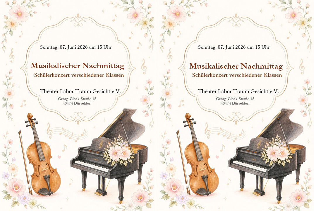 Konzertplakat Musikalischer Nachmittag mit Konzertflügel, Geige und Blumen für ein Schülerkonzert verschiedener Klassen unter der Leitung von Kyoka Matsuyama in Düsseldorf