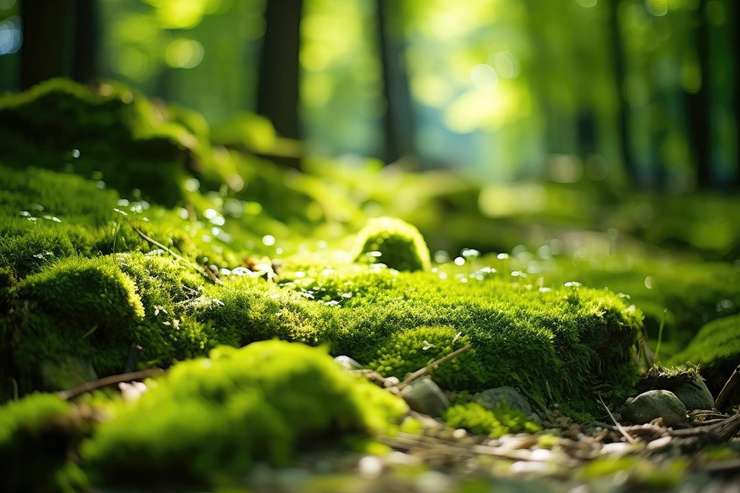 Sonnenlicht fällt auf einen moosbewachsenen Waldboden im Wald – Symbol für Stille, Erdung und Präsenz im Resilienz