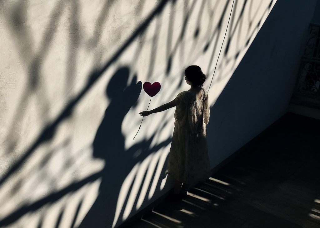 Schwarzweißes Mädchen mit Herz in einem schattenreichen Motiv zu „Schatten, Licht und Liebe“