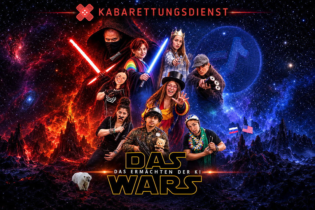 „DAS WARS – Das Ermachten der KI“ des KABARETTUNGSDIENSTES aus Wuppertal mit jugendlichem Ensemble vor einer futuristischen Weltraumkulisse